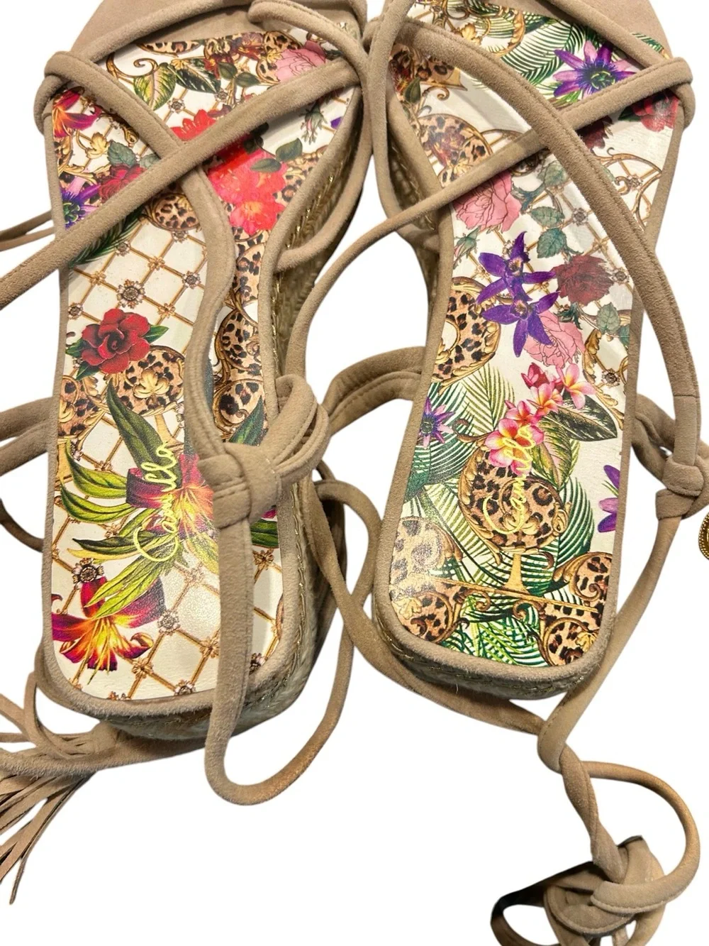 Camilla Colorful Wrap Fair Verona Lace Up Espadrille Wedge Sandals Gold Charm